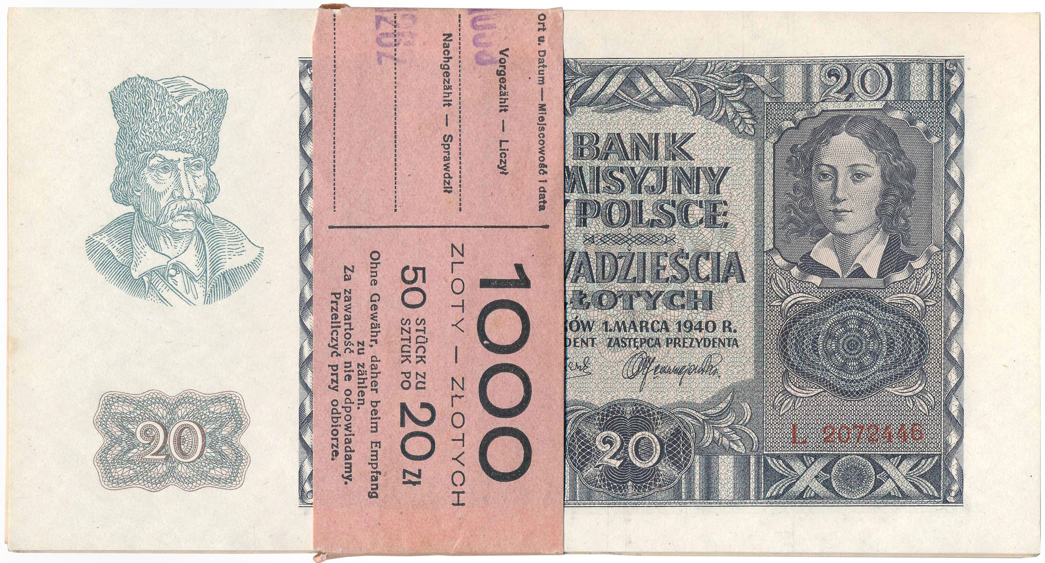20 złotych 1940 seria L - paczka bankowa 50 sztuk